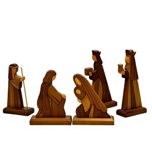 Wooden 5-Piece 1999 Nativity Set Holy Family Three Kings Signed 'JM 99' Canada